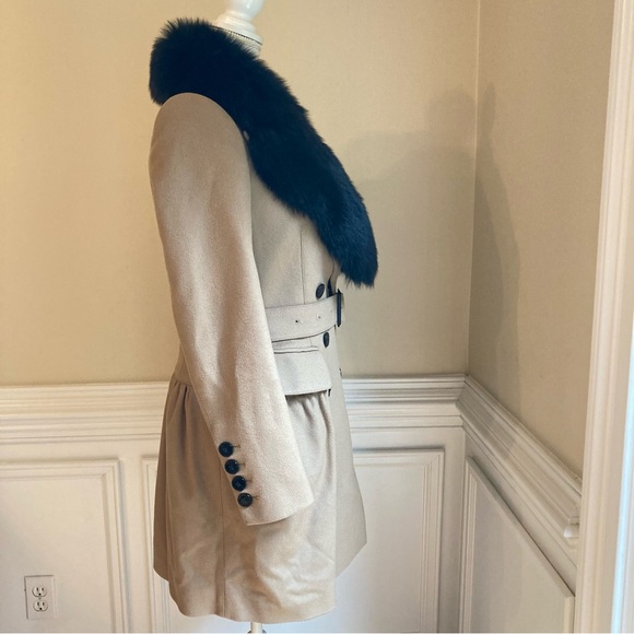 BURBERRY Camel Virgin Wool Cashmere Double Breasted Coat Fox Fur Collar - Picture 2 of 14